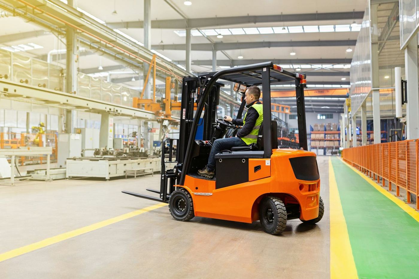 Forklift operator training in a modern warehouse