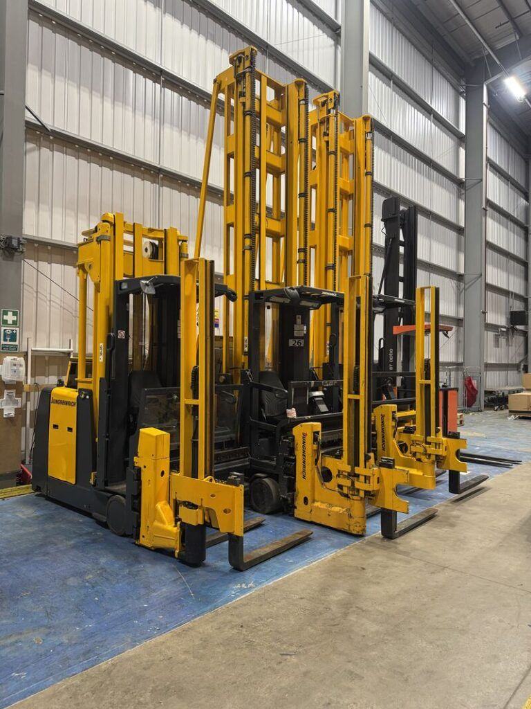 Used Jungheinrich man-up VNA trucks in the VNA Forklifts yard